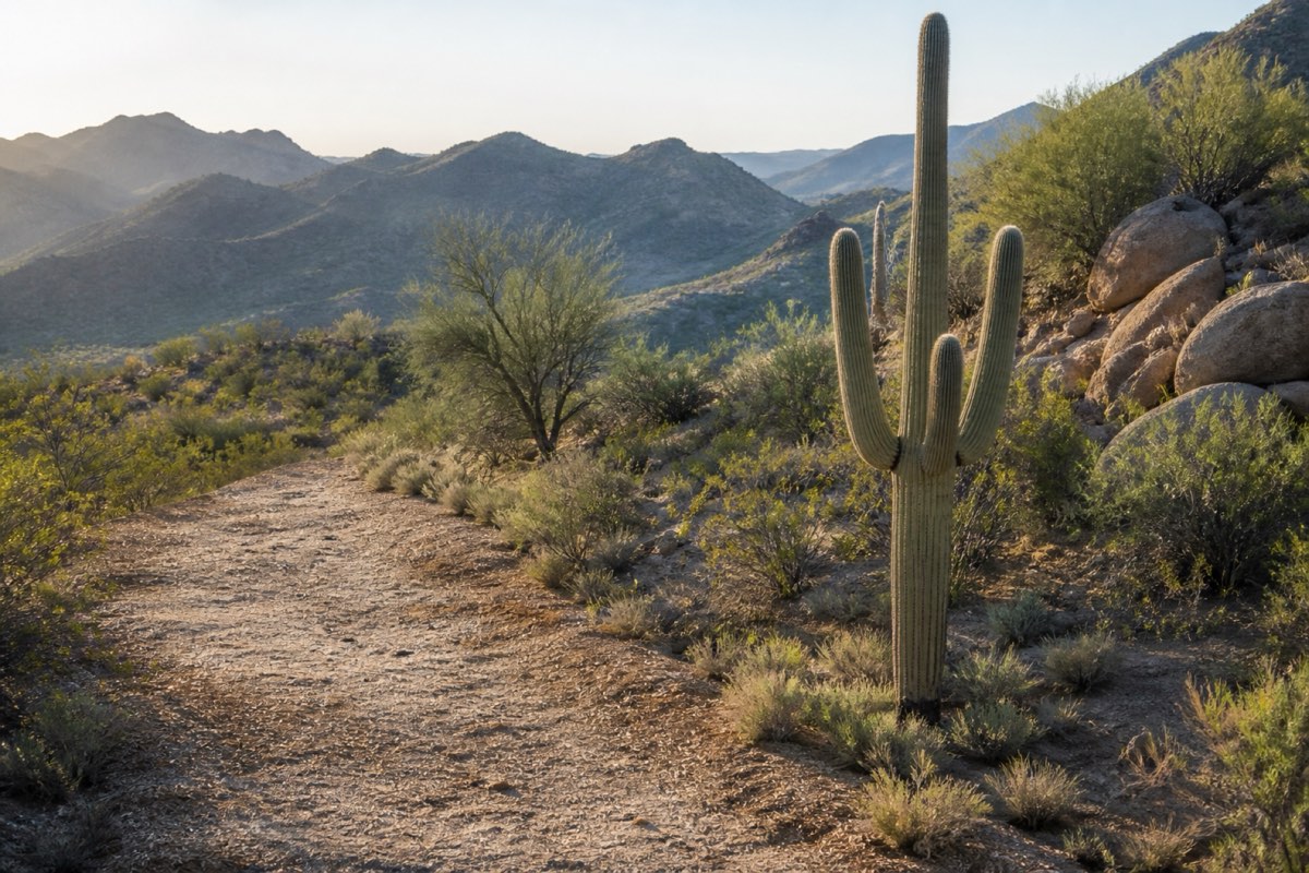 Dense stand of saguaros on a palo verde hillside in golden evening light with granite boulders between