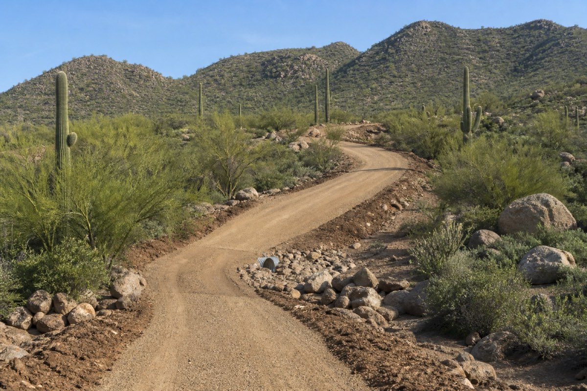 Decomposed granite driveway curving up through saguaro and boulder terrain toward a hilltop homesite