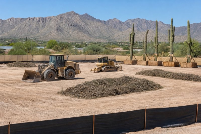 Multi-acre commercial clearing with windrowed mulch, silt fence, and salvage-tagged saguaros boxed for transplant at the site edge